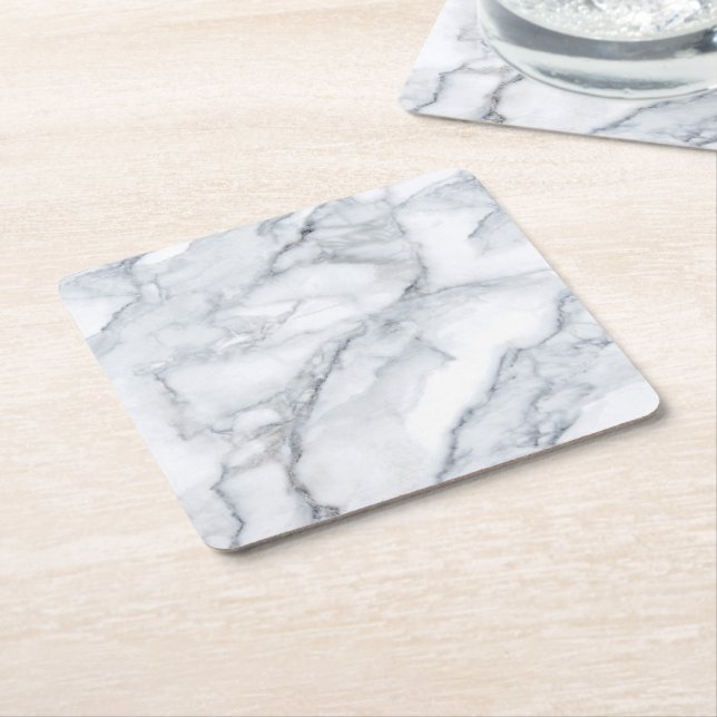 White Marble Carrara Calacatta Texture Square Paper Coaster (Angled)