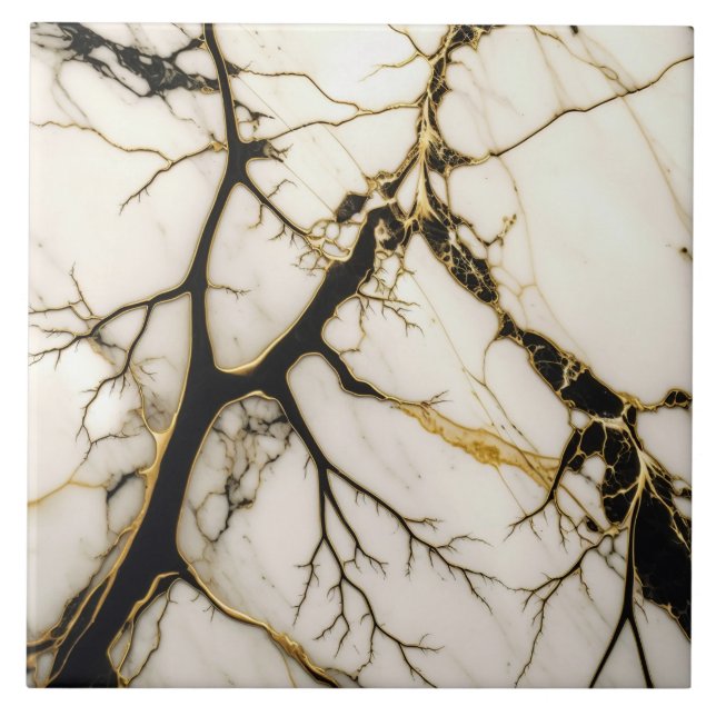 White Marble Ceramic Tile Black and Gold Veins (Front)