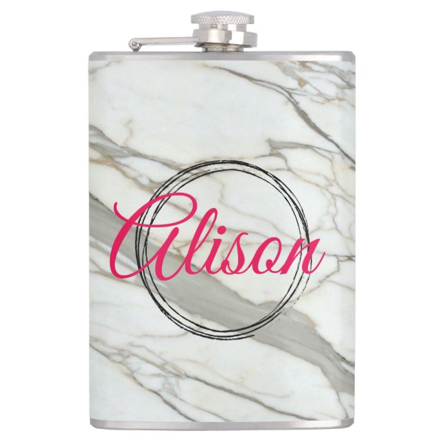 White marble chic fuchsia design custom name  hip flask (Front)