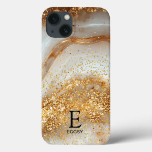 White marble chic gold glitter monogram iPhone 13 case