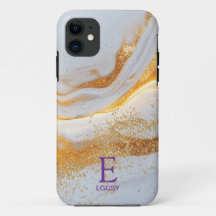 White marble chic gold glitter monogram