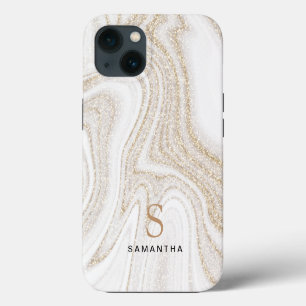 White marble chic gold glitter monogram Case-Mate iPhone 13 Case