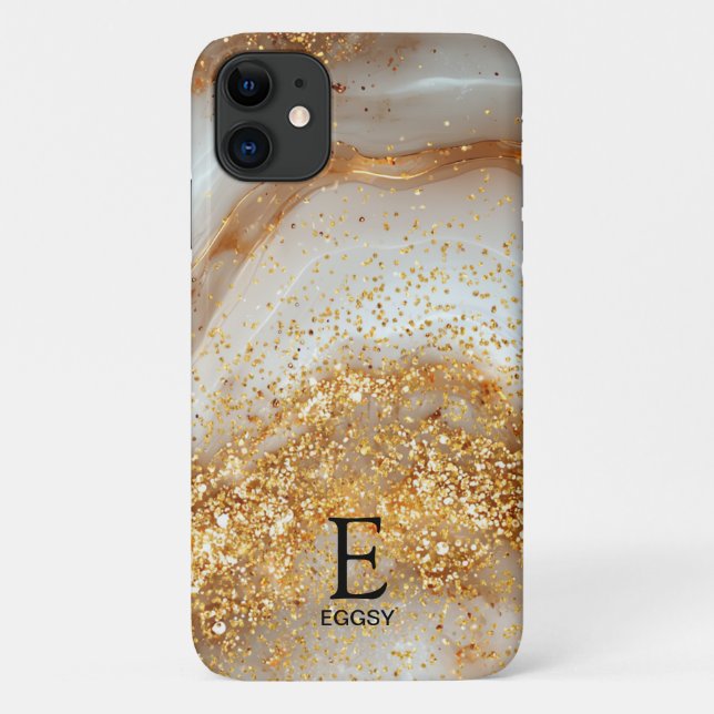 White marble chic gold glitter monogram Case-Mate iPhone case (Back)