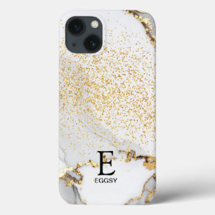 White marble chic gold glitter monogram iPhone 13 case
