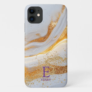 White marble chic gold glitter monogram iPhone 11 case