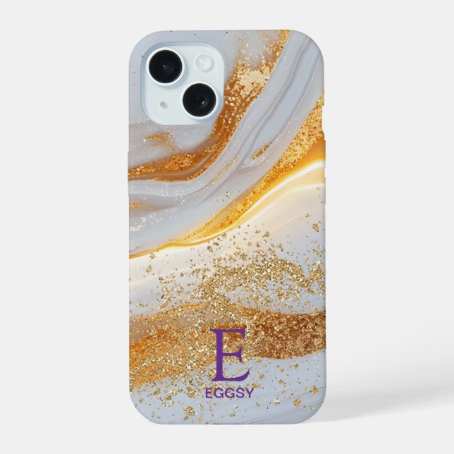 White marble chic gold glitter monogram iPhone 15 case (Back)