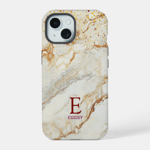 White marble chic gold glitter monogram iPhone 15 case