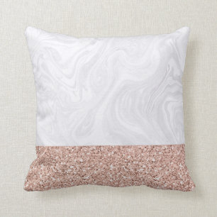 White Marble Dipped in Faux Rose Gold Glitter Cushion