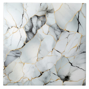 White Marble Effect with Gold and Black Veins Ceramic Tile