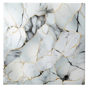 White Marble Effect with Gold and Black Veins Ceramic Tile
