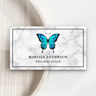 White Marble Elegant Blue Butterfly Business Card
