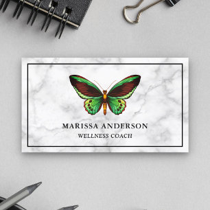 White Marble Elegant Green Butterfly Business Card