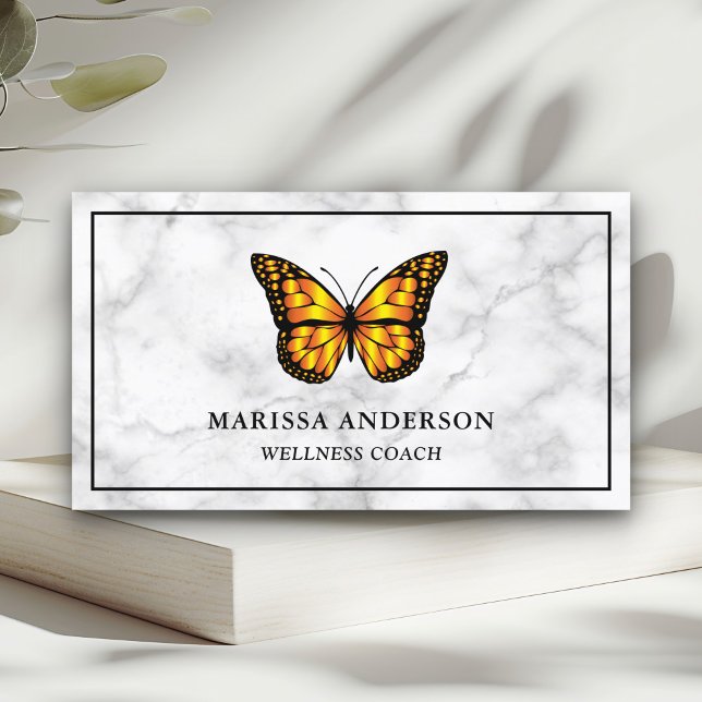 White Marble Elegant Orange Monarch Butterfly Business Card (Creator Uploaded)