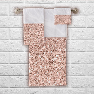 White Marble Faux Rose Gold Pink Glitter Bath Towel Set