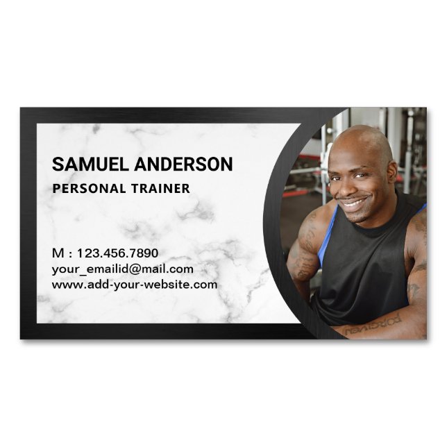 White Marble Fitness Personal Trainer Photo Magnetic Business Card (Front)