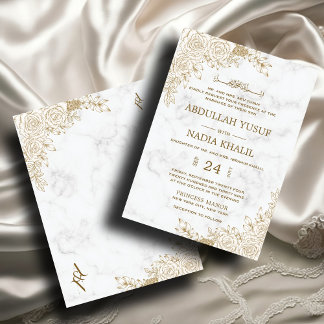 White Marble Floral Lace Islamic Muslim Wedding Invitation