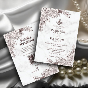 White Marble Floral Lace Islamic QR Code Wedding Invitation