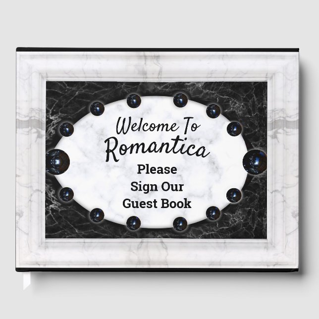 White Marble Frame Black Spheres Guest Book (Front)