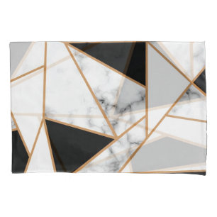 White Marble Geometric in gold, black Pillowcase