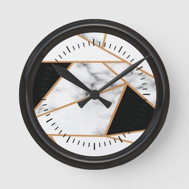 White Marble Geometric in gold, black Round Clock (Front)