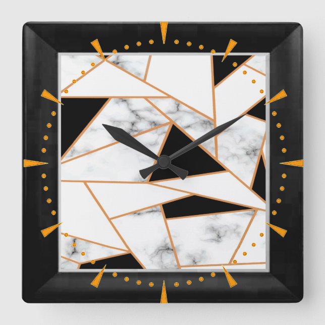 White Marble Geometric in gold, black Square Wall Clock (Front)