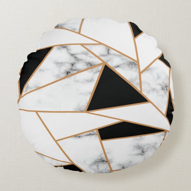 White Marble Geometric in Gold Round Cushion (Front)