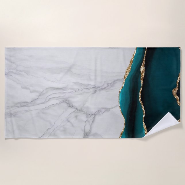White Marble Gilded Black Agate Beach Towel (Front)