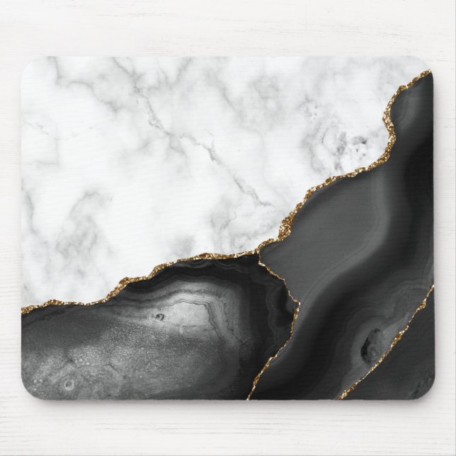 White Marble Gilded Black Agate Mouse Pad (Front)