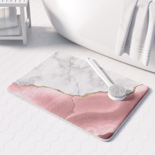 White Marble Gilded Blush Pink Agate Bath Mat (Creator Uploaded)