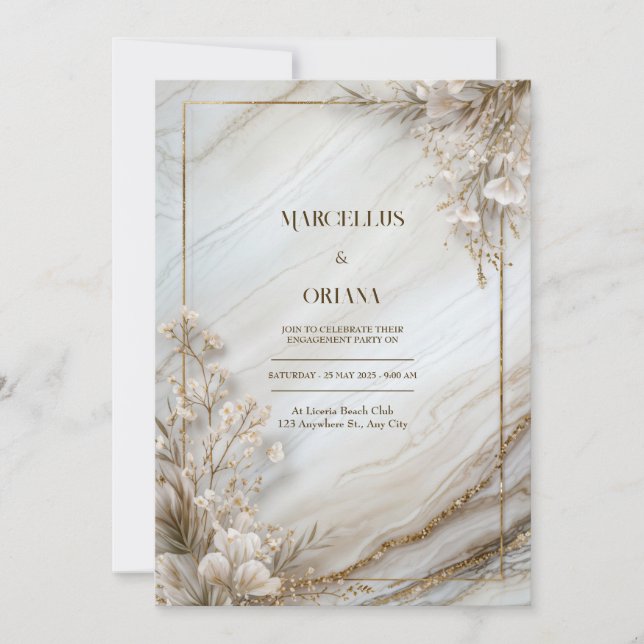 White Marble Gilded Botanical Wedding Invitation (Front)