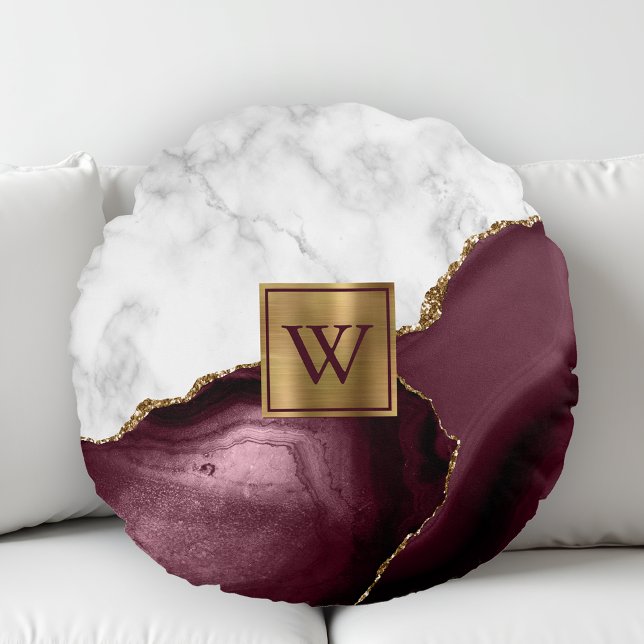 White Marble Gilded Burgundy Agate Monogram Round Cushion (Creator Uploaded)