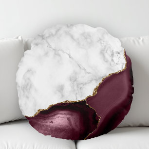 White Marble Gilded Burgundy Agate Round Cushion