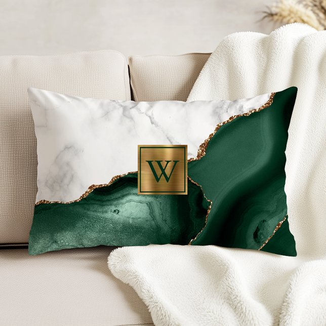 White Marble Gilded Emerald Green Agate Monogram Decorative Cushion (Creator Uploaded)