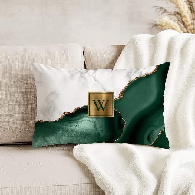 White Marble Gilded Emerald Green Agate Monogram Decorative Cushion (Creator Uploaded)