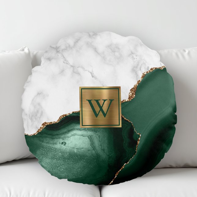 White Marble Gilded Emerald Green Agate Monogram Round Cushion (Creator Uploaded)