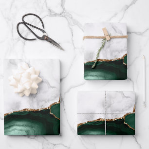 White Marble Gilded Emerald Green Agate Wrapping Paper Sheet