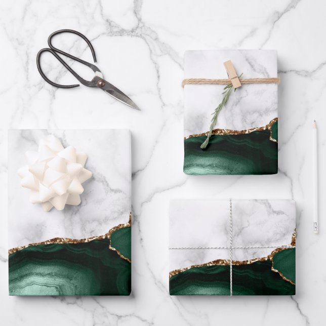 White Marble Gilded Emerald Green Agate Wrapping Paper Sheet (Front)