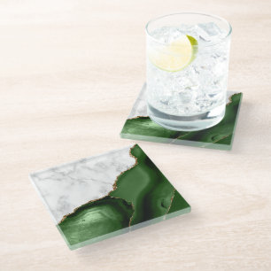 White Marble Gilded Hunter Green Agate Glass Coaster