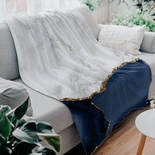 White Marble Gilded Navy Blue Agate Fleece Blanket