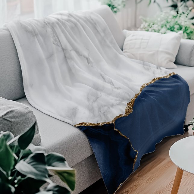 White Marble Gilded Navy Blue Agate Fleece Blanket (Creator Uploaded)