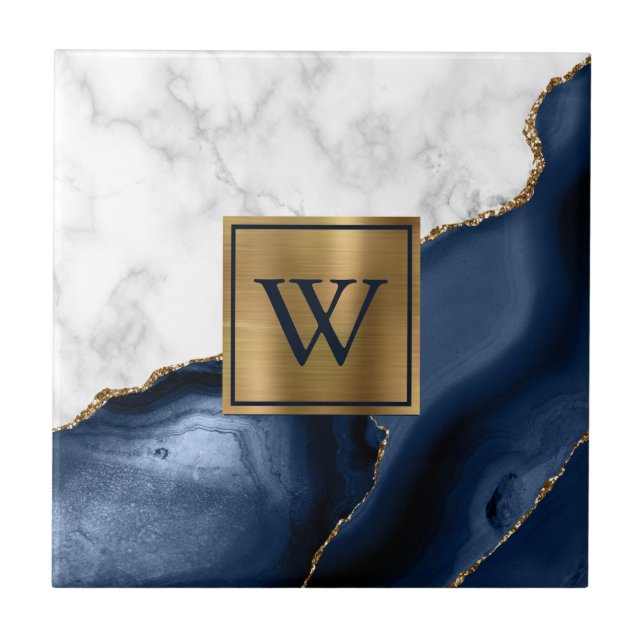 White Marble Gilded Navy Blue Agate Monogram Ceramic Tile (Front)