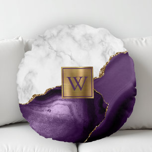 White Marble Gilded Purple Agate Monogram Round Cushion
