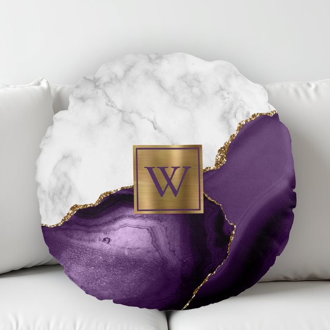 White Marble Gilded Purple Agate Monogram Round Cushion (Creator Uploaded)