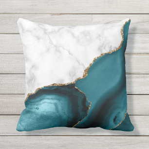 White Marble Gilded Teal Agate Cushion