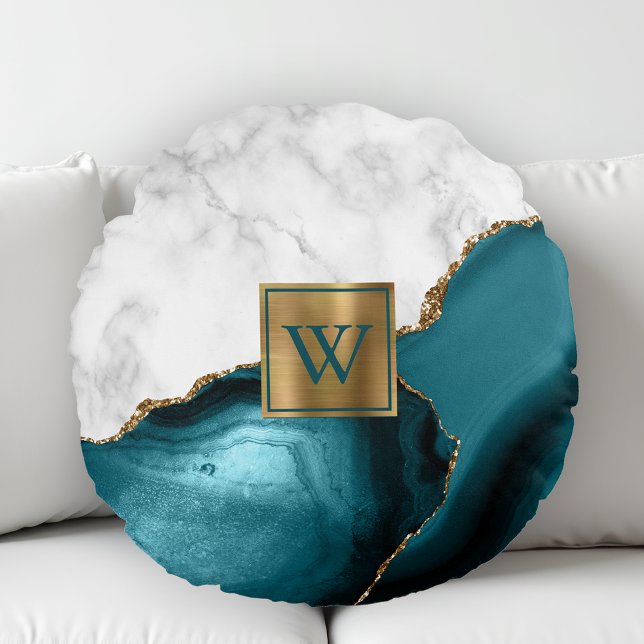 White Marble Gilded Teal Agate Monogram Round Cushion (Creator Uploaded)