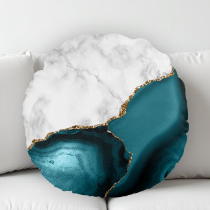 White Marble Gilded Teal Agate Round Cushion