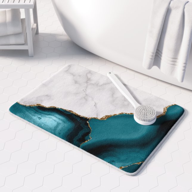 White Marble Gilded Teal Blue Agate Bath Mat (Creator Uploaded)