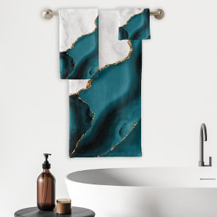 White Marble Gilded Teal Blue Agate Bath Towel Set