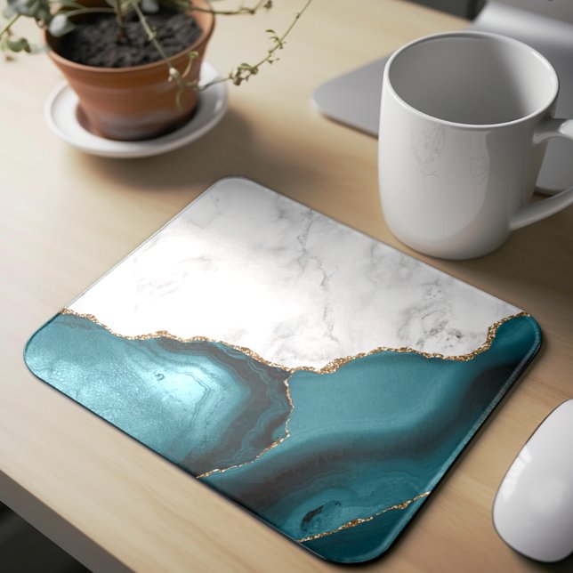 White Marble Gilded Teal Blue Agate Mouse Pad (Creator Uploaded)