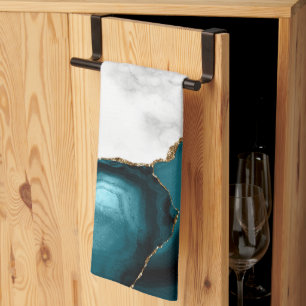 White Marble Gilded Teal Blue Agate Tea Towel